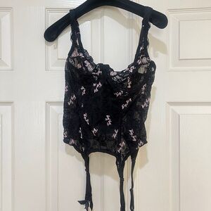 Victoria's Secret Floral Fishnet Lace Bustier Corset Top Garter Straps Black 36C